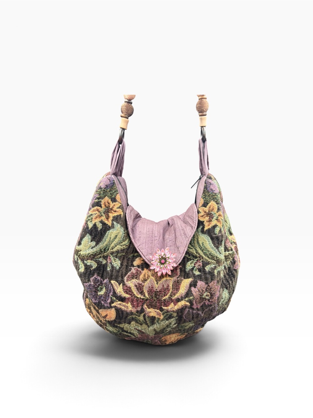 Floral Tapestry Hobo Shoulder Bag Beaded Strap Mauve Boho 17x15 - Picture 11 of 15